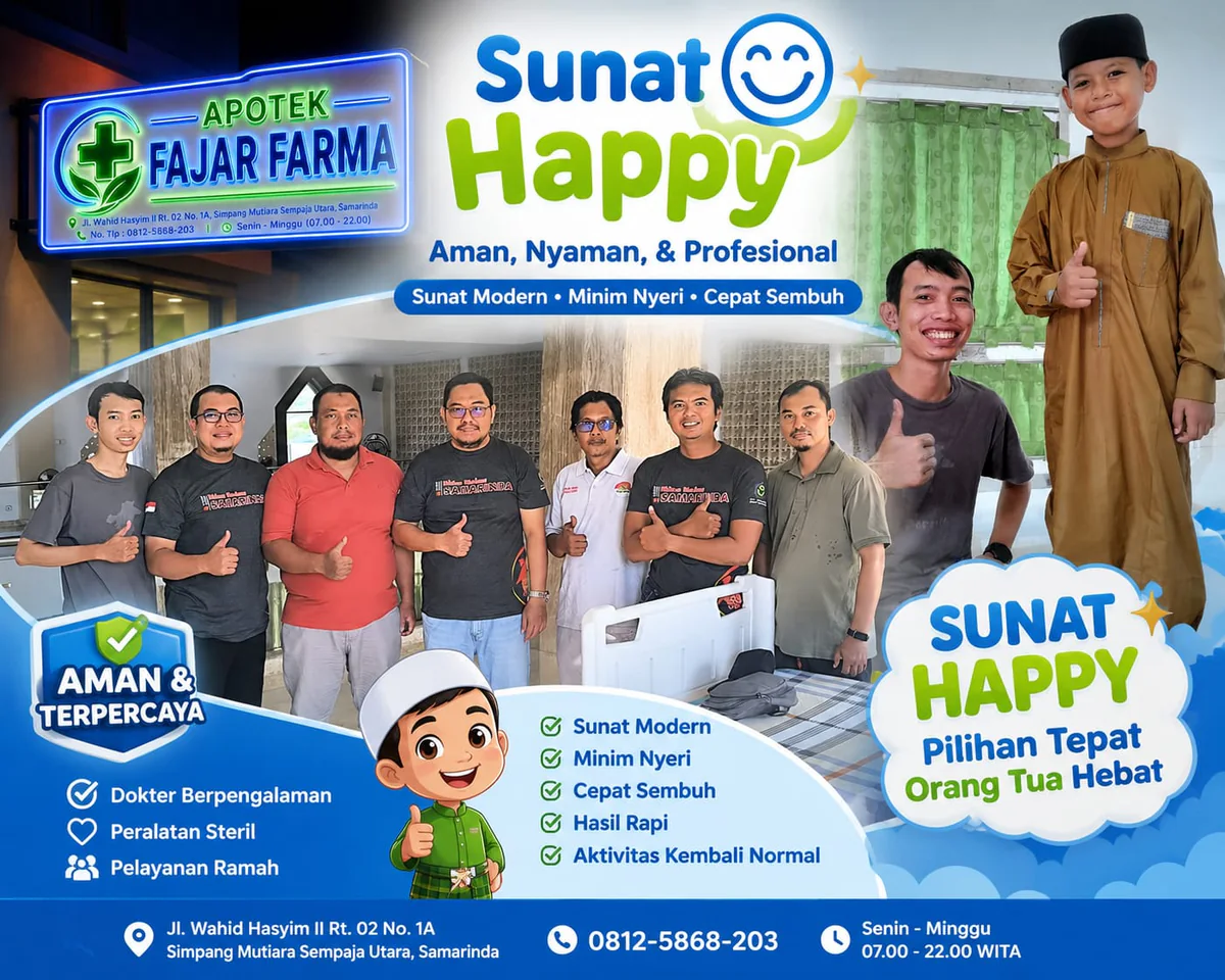 Banner layanan Sunat Happy Samarinda berwarna biru dan hijau